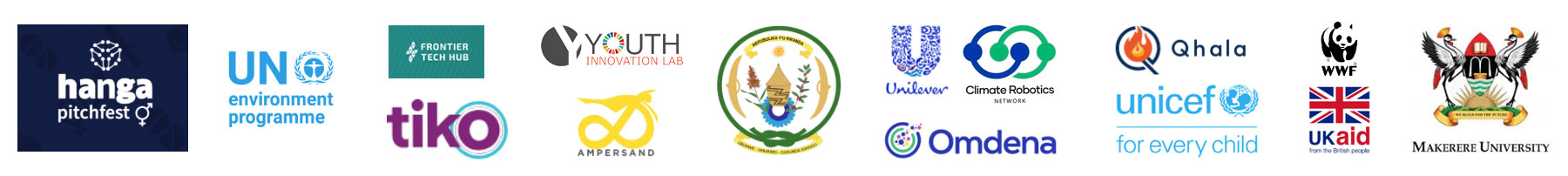 Logos including Hanga Pitchfest, UN Environment Programme, Frontier Tech Hub, Youth Innovation Lab, Tiko, Ampersand, Unilever, Climate Robotics, Omdena, Qhala, UNICEF, WWF, UK aid and Makerere University