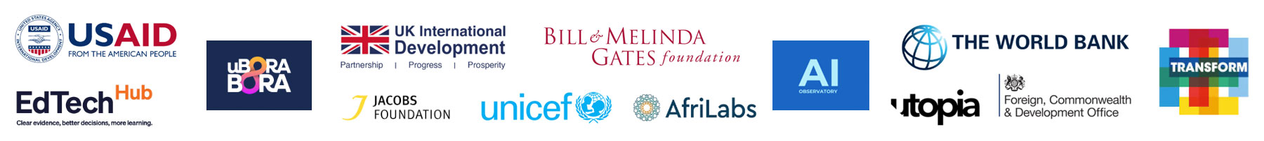 Logos including USAID, uBoraBora, UK International Development, Bill & Melinda Gates Foundation, EdTech Hub, Jacobs Foundation, UNICEF, AfriLabs, The World Bank, FCDO and Transform